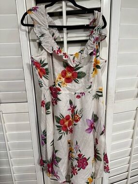 Cream Floral Sleeveless Dress with Red and Yellow Blooms